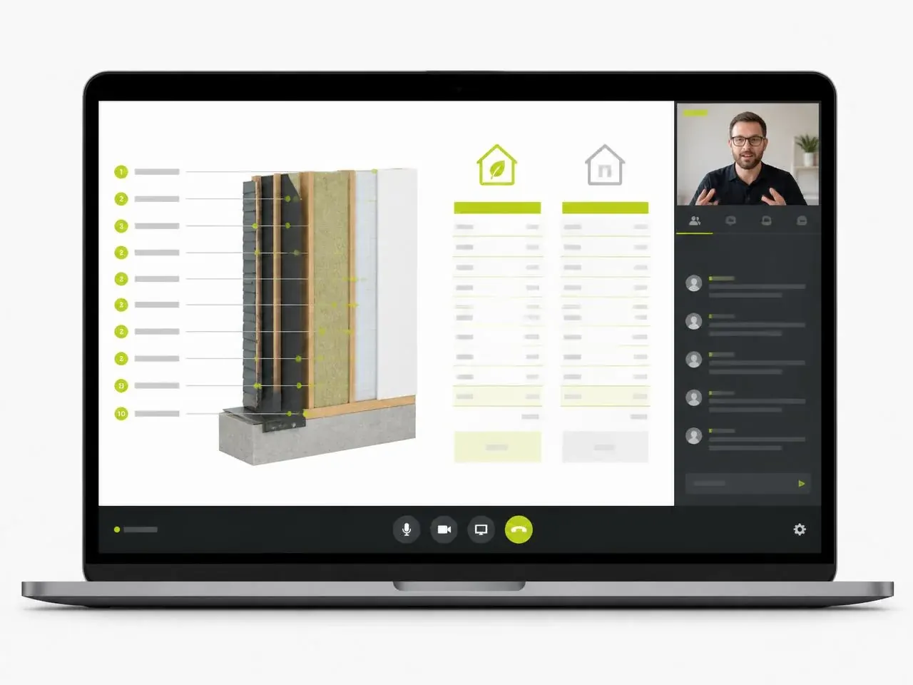 Mockup van de webinarpresentatie met de wandopbouw en de twee berekeningen